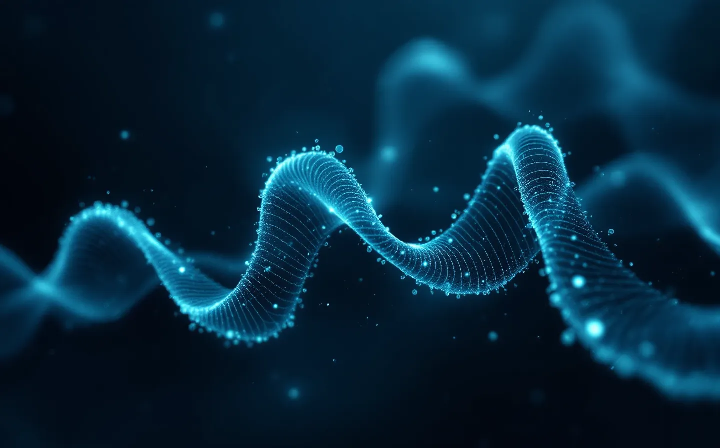 Abstract frost-cyan illustration of a 28-amino-acid peptide chain on a dark field